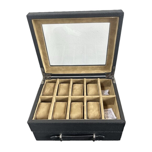 Fossil 10 Piece Watch Box Black w/ Storage Pull Out Drawer Jewelry Leather Trim - Picture 3 of 10